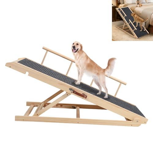 HundeRampe für Bett und Sofa mit Sicherheitsgeländer, höhenverstellbare Hundetreppe für Betten von 40cm bis 70cm mit Rutschfester Matte, Haustier-Rampe aus Holz für Hunde bis 80kg