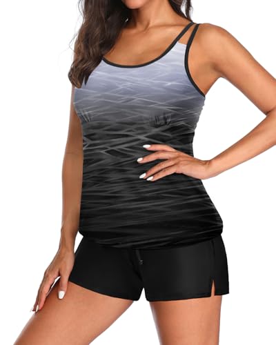 Image of Tempt Me Two Piece Tankini Swimsuits for Women Tummy Control Bathing Suit with Shorts Athletic Two Side Pockets Swimwear