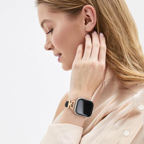 Image of Leather Band Compatible with Apple Watch Bands for Women, Dressy Fancy Strap for iWatch Series 11 /10 /9 /8 /7 /6 /5 /4 /3 /2 /1 /se(38mm 40mm 41mm 42mm,Dark Black /Rose Gold)