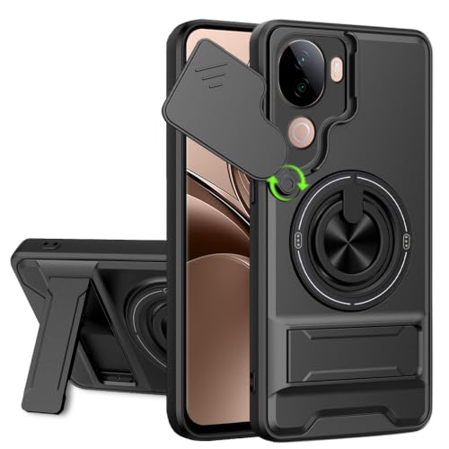 Image of AESTMO VIvo V40E 5G Back Cover | Armor Camera Slider 360 Degree Rotating Finger Ring Holder Case with Bracket Stand Back Case Cover (Compatible with MagSafe Accessories) (Black)