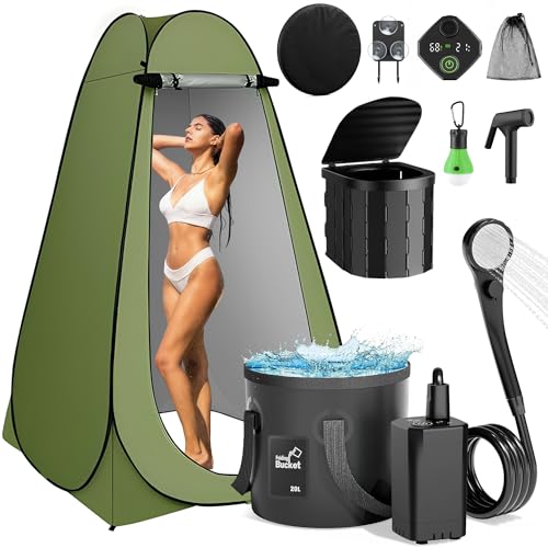 Ducha portátil para camping, kit mejorado con tienda de privacidad extra grande, luz LED y inodoro plegable, bomba de ducha con pantalla LCD y batería de 6000mAh, cubo de 5.3 galones, ducha exterior para senderismo, viaje y automóvil