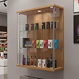 Displaysense Oak Finish Wall Mounted Display Cabinet, with Double Doors and 2 Height Adjustable Shelves, 600mm Width x 800mm Height x 250mm Depth