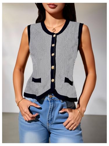 Women's Plus Size Striped Sweater Vest Button Up V Neck Knit Work Office Tops4