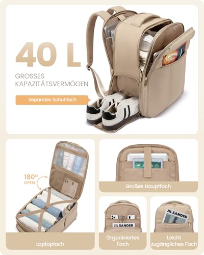 LOVEVOOK Handgepäck Rucksack Damen, 40L Groß Reiserucksack Flugzeug, Puffer Travel Backpack mit Schuhfach für 17 Zoll Laptop, Wasserdicht Reise Tasche Kofferrucksack für Business Weekend