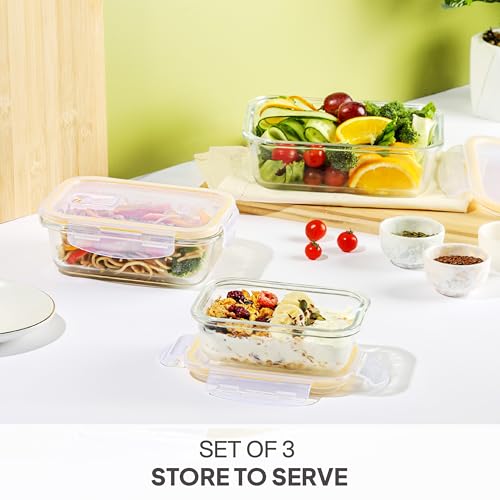 Image of CELLO Fit & Fresh Lunch Box Container Set of 3 Pcs For Daily Use, Clear | (370ml, 640ml, 1050ml) Microwave & Fridge Safe Toughened Glass Airtight Food Storage Tiffin Container For Travel & Office Use