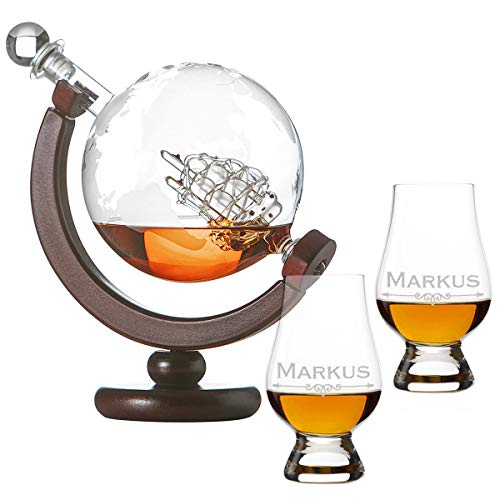 polar-effekt Carafe à whisky globe terrestre avec carte du monde – Deux verres à nosing Glencairn verres tumbler avec gravure motif Rule Ornament – Carafe en verre 850 ml – Cadeau pour homme
