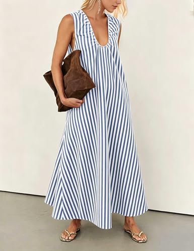 Image of Women Flowy Maxi Dress Ruched Sleeveless Long Dress Vacation Fashion Summer Casual Loose Fit Sundress with Pockets