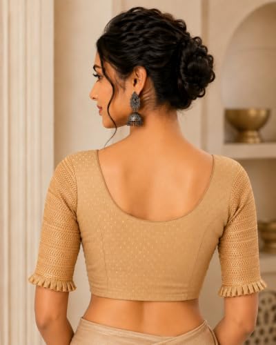 Image of SFT Round Neck Cotton Lycra Stretchable Laced Elbow Sleeves Readymade Saree Blouse for Women Stylish (Shibani