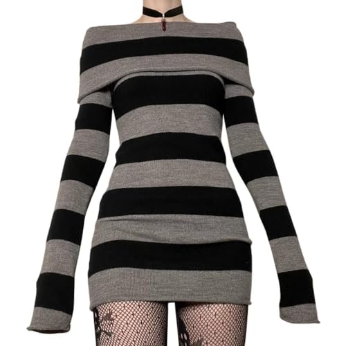 Pokn Off The Shoulder Long Sleeve Top - Y2K Goth Striped Sweater4