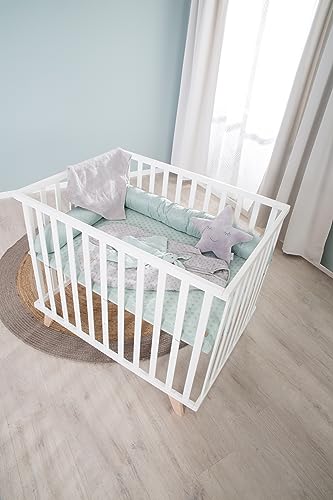 Roba Box Rettangolare In Legno Massiccio Bio 75 X 100 Cm + Inserto Lil Planet Verde Morbido E Traspirante - Certificato OEKO-TEX E Gots - Base Regolabile In Altezza - Designo Retro - Laccato Bianco - 12