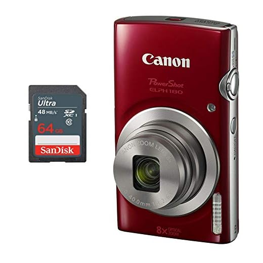 Canon PowerShot ELPH 180 Digital Camera + 64 GB Memory Card (Red)