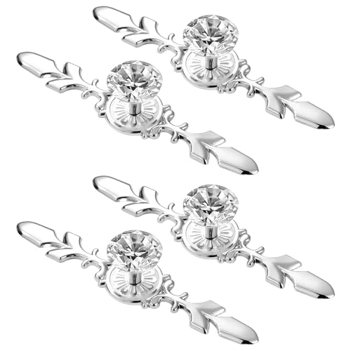 NILLOS Crystal Cabinet Knobs, 4 PCS Clear Glass Diamond Decorative Knobs with Silver Back Plate and Screws for Home, Kitchen, Office (Silvery)