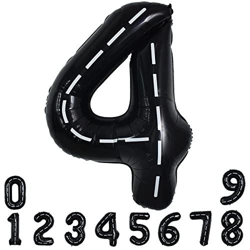 Image of TONIFUL 40 Inch Large Race Car Number 4 Balloon 4th Birthday Decorations | 4th 14th 24th Race Car Birthday Party Supplies Foil Black 4 Balloon for Boys Men Fast Checkered Flag Party Decor