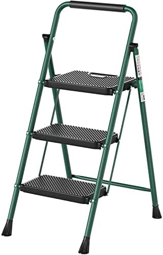 3 Step Ladder, RIKADE Folding Step Stool, Step Stool with Wide Anti-Slip Pedal, Lightweight, Portable Folding Step Ladder with Handgrip, Multi-use Steel Ladder for Household and Office