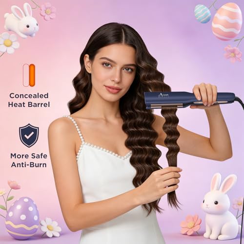 Image of Aima Beauty 1 Inch Deep Wave Curling Iron Hair Crimper Waver Beach Waves | Memory Timer Hair Waver, Adjustable Temp Travel Dual Voltage Anti-Scald Lasting Style Ionic Anti-Frizz, Prussian Blue