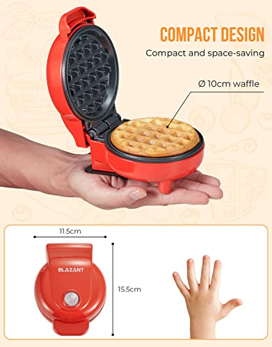 Waffle Maker Mini Small Compact Design, Breakfast Waffle Iron Machine Nonstick Coating, Snack Chaffle Hash Browns Round 4 Inch 550W, Red BLAZANT