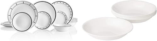 Corelle Vitrelle - Juego de vajilla de 18 piezas para 6 vajillas color blanco y negro y Vitrelle juego de 6 tazones redondos ligeros de 20 onzas