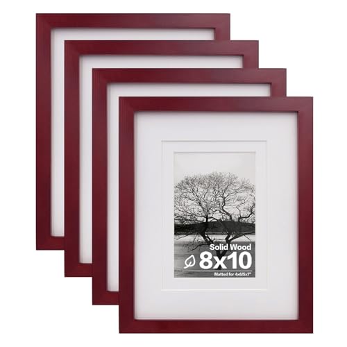 Egofine 8x10 Picture Frames 4 Pack - Wood Frames for Pictures 4x6 or 5x7 with Mat or 8x10 Without Mat, Photo Frames for Table Top and Wall Display, Cherry Red