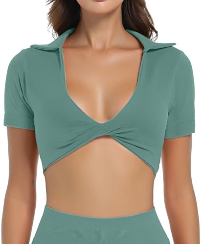 YOAKUKA Women's Short Sleeve Workout Crop Top with Built-in Bra Deep V Twist Front Sports Shirt Collared Yoga T-Shirt