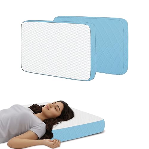 Image of High Density Memory Foam Pillow, 50x30x6 cm Shredded Support for Neck Pain Relief, White and Sky Blue Breathable Case, Orthopedic Bedding for Side Sleeper and Aligned Spine Comfort