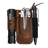 SUNGOOYUE Leather Multitool Sheath, Leather Belt Sheath Pouch Holster Organizer with Secure Clamp for Flashlight Pen Folding Cutter EDC