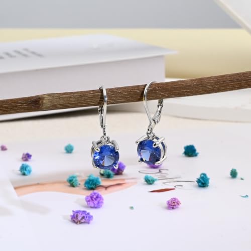 8MM Round Crystal Leverback Earrings, Vintage Style Birthstone Jewelry for Women, Sapphire, Garnet, Emerald Fashion Drop Dangle Earrings 5