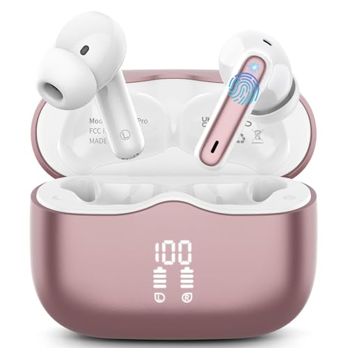 Wireless Earbuds, Bluetooth 5.4 Headphones in Ear with 4 ENC Noise Cancelling Mic, New Wireless Earphones HiFi Stereo Deep Bass 40H Playtime, In-Ear Bluetooth Earbuds LED Display IP7, USB-C, Rose Gold