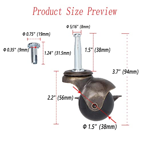1.5" Ball Casters Stem Caster Wheels With 5/16" X 1-1/2" (8 X 38Mm) Stem Antique Gold Ball Caster Swivel Caster For Furniture Casters Sofa Chair Cabinet Set Of 4 (With Brakes) #TOP1