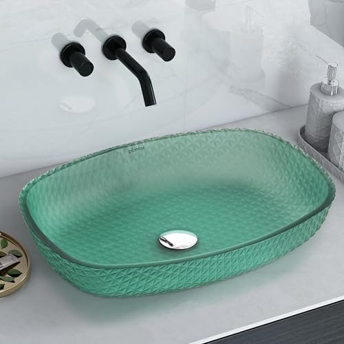 Image of Plantex Luxury Glass Basin /Table Top Matt Wash Basin Over Counter /Countertop Basin for Bathroom & Living Room (Green - 21 x 15.5 x 4 Inch)