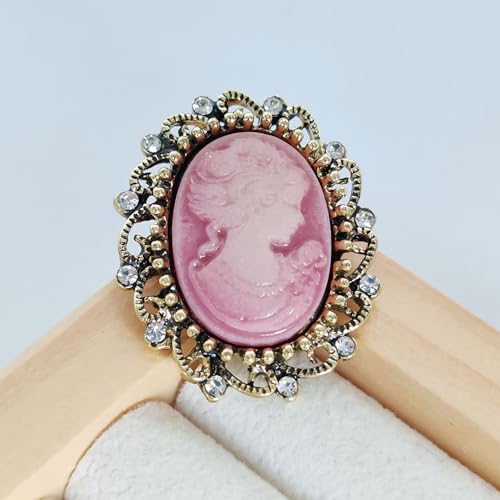 Image of Rhinestone Lady Portrait Statement Brooch for Women Vintage Cubic Zirconia Beauty Cameo Lapel Pin Beautiful Crystal Figure Round Brooch Jewelry Gifts
