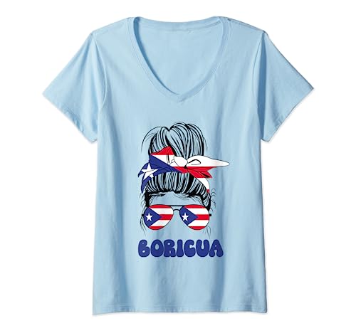 Damen Boricua Puerto Rican Girl Messy Bun, Pride Puerto Rico Flagge T-Shirt mit V-Ausschnitt