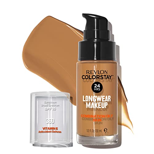 Liquid Foundation by Revlon, ColorStay Face Makeup for Combination & Oily Skin, SPF 15, Longwear Medium-Full Coverage with Matte Finish, Golden Caramel (360), 1.0 Oz