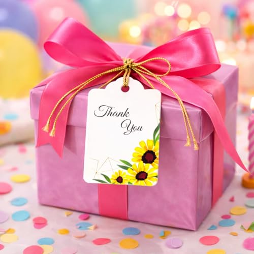 Image of CVANU Floral Thank You Gift Tags (Set of 200), Elegant Flower Design (D9) Hanging Tags with Gold String for Wedding Return Gifts & Small Business Packaging (2.85 x 1.7 Inch)