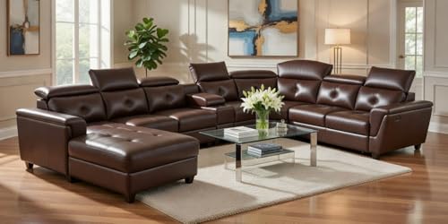 Image of Mishel 12 Seater Sofa Set for Living Room | Sectional U Shaped 12 Seater Sofa with Storage & Cupholder (Brown Leatherette, LHS)