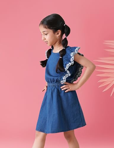 Image of Amazon Brand - Symbol Girl's Denim Cotton Fit and Flare Knee-Length Casual Dress