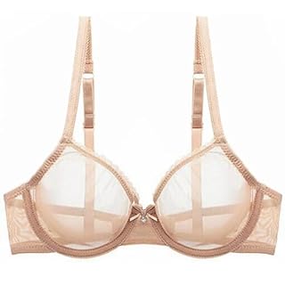 YANDW Sexy Sheer See Through Bras Unlined Underwire Lace Mesh Non Padded Ultra Thin Clear Bralette Beige, 38C