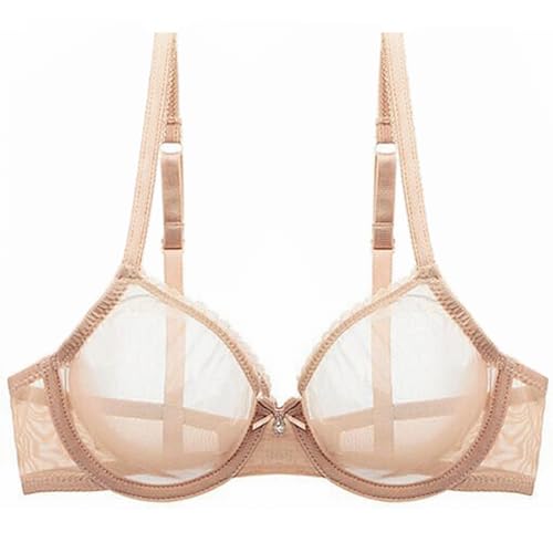 YANDW Sexy Sheer See Through Bras Unlined Underwire Lace Mesh Non Padded Ultra Thin Clear Bralette Beige, 38C