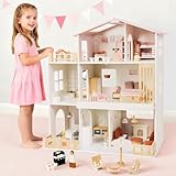 Fabuday Modern Wooden Dollhouse for Kids Girls - 8 Rooms Doll House Playset, DIY Pretend Toy Play Houses Kits with 81 Pcs Furniture Accessories, Dolls & Pets, Gift for Toddlers Ages 3+