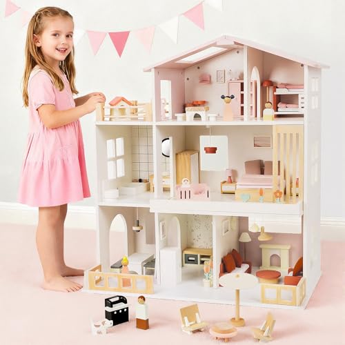 Fabuday Modern Wooden Dollhouse for Kids Girls - 8 Rooms Doll House Playset, DIY Pretend Toy Play Houses Kits with 81 Pcs Furniture Accessories, Dolls & Pets, Gift for Toddlers Ages 3+