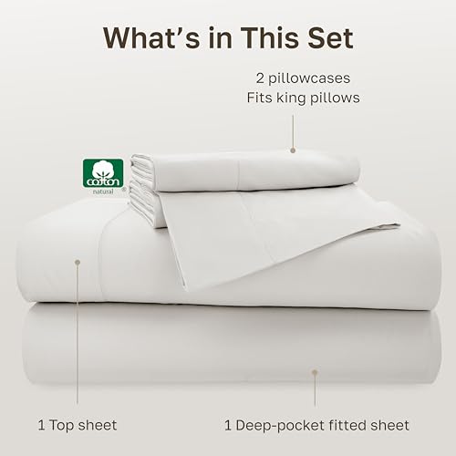 Image of California Design Den 100% Cotton Sheets King Size Set - 500 Thread Count Sateen, Deep Pocket Bedsheets King Size Bed, Soft Luxury - True Ivory