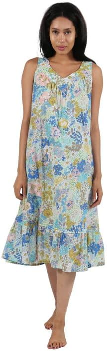 LA CERA Women's Cotton Sleeveless Nightgown, Vibrant Floral Print, Sweetheart Neck, Side Seam Pockets, Machine Wash