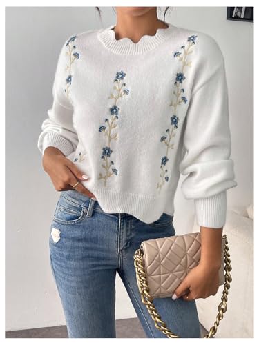Verdusa Women's Floral Embroidery Crewneck Sweater Long Sleeve Scallop Trim Pullover Tops4