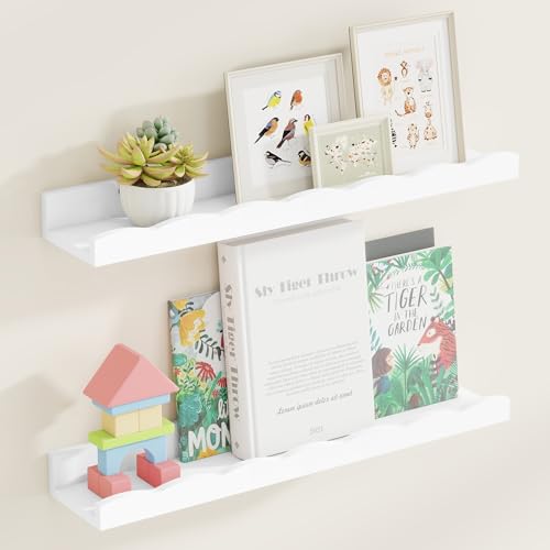 Image of Fun Memories Picture Ledge Shelf for Wall, 24 inch Pine Wood Nursery Book Shelves Set of 2- Wall Book Shelves for Kids Room, Home Decor - Kitchen Spice-White