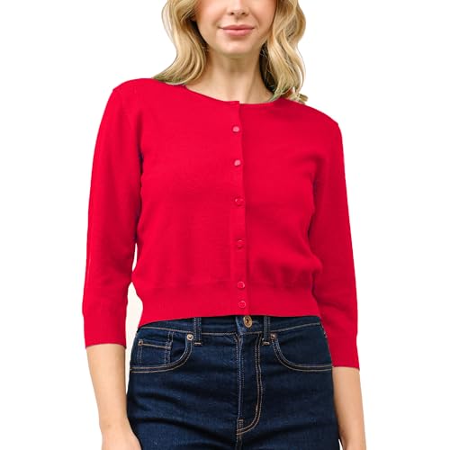 Image of Women's Cropped Cardigan 3 /4 Sleeve Crewneck Button Up Sweater Knit Top (S~XL)