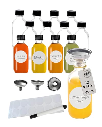 Smith's Mason Jars - 12 paquetes de botellas de vidrio de 60 ml con embudo de vertido, ideal para aceites esenciales, miniaturas, decoraciones de boda o regalos.