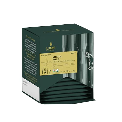 Luxmi Estates Minty Mile Chamomile Mint Green Tea 15 Tea Bags (30g) Pack | Certified Organic Green Tea | Low Caffeine Chamomile chai | Mint Tea Bags Best for Night Time | 15 Cups