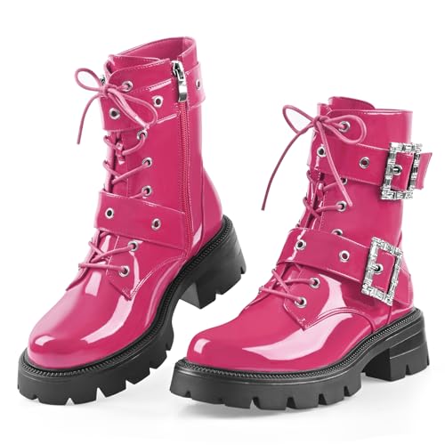 Women's Leather Platform Lug Sole Low Chunky Heel Combat Boots Lace Up Buckles Zipper Fashion Ankle Booties3