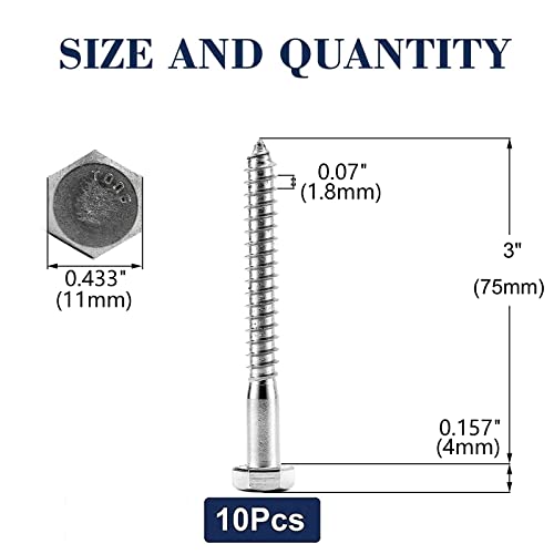 Image of 1 /4 inch x 3 inch Hex Head Lag Screws Bolts 10Pcs 304 Stainless Steel 18-8, Partial Thread, Hexagon Head Wood Screws by SG TZH