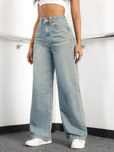 Image of Straight Leg Jeans for Women High Waisted Wide Leg Denim Pants