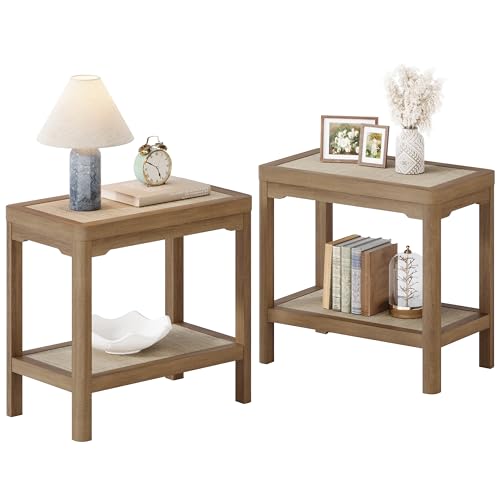Eclatara Rattan Nightstand Set of 2 Boho Side Table with Round Edge Design Ultra-Thick Legs Bedside End Table with 2 Tier Open Shelves for Bedroom Caramel Oak